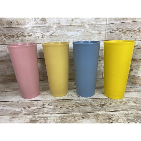 Tupperware Pastel Tumblers Cup 1348 18oz Set of 4 Tan Pink Blue Yellow - Picture 11 of 12